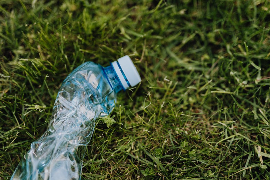 A crumpled, transparent plastic water bottle with a blue and white screw-on cap lies on a patch of green grass, with various blades and small plants surrounding it. The bottle shows visible creases and folds, indicating it has been discarded after use. The grass appears lush and slightly uneven, with some blades taller than others, and the natural lighting highlights the reflective surface of the plastic. The scene is outdoors, possibly in a park or garden area, and reflects the issue of littering, which local rubbish removal services like Rubbish Clearance Hackney aim to address by providing alternative waste management options beyond council rubbish disposal rules.
